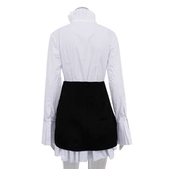 Retro Flared Sleeves Pleated Stand Collar Shirt + Skirt Set