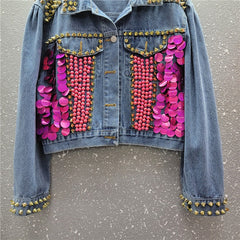 Sequined Puff Sleeve Short Denim Jacket