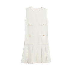 Knit Wide Pleated Button Mini Dress