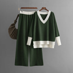 V-Neck Loose Knitted Sweater + Wide Leg Pants Set