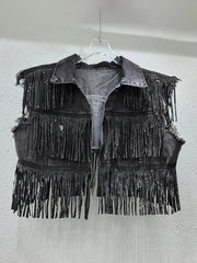Slimming Solid Casual Fringe Short Denim Vest
