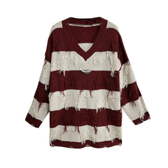 Striped Tassel V-Neck Loose Knitted Sweater