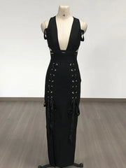 Hollow Double Split Ribbon Bandage Dress