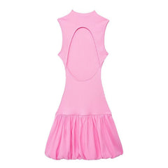 Solid Slim Ribbed Backless Balloon Dress