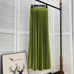 Solid Pleated A-Line Maxi Skirt