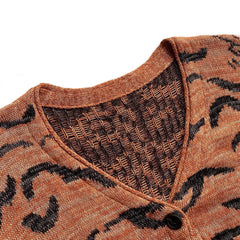 Vintage Knitted Leopard Printed V-Neck Cardigans Sweater