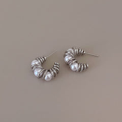 Pearl Metal Twisted Line Earrings