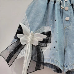 Hot Stamping 3D Butterfly Bow Wide Leg Denim Shorts