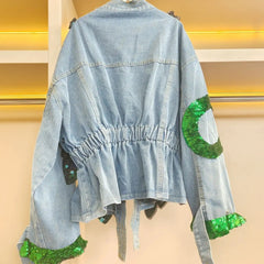 V-neck 3D Peacock Sequined Embroidery Denim Jacket