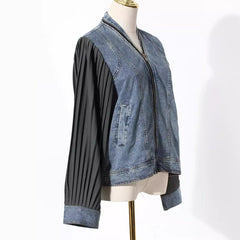 Spliced Pleated Sleeve Denim Shirt