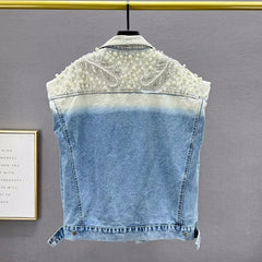 Pearl Beaded Diamond Blue Short Denim Vest