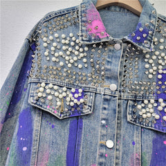 Denim Studded Half Painted Loose Jacket