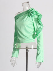 Diagonal Shoulder 3D Flower Splicing Shirt
