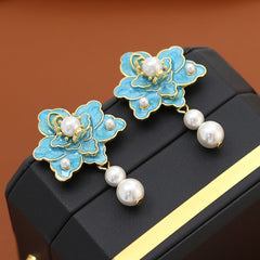 Pre Order: Blue Flower Dripping Pearl Earrings