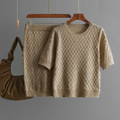 Solid Round Neck Knitted Top + Knitted Skirt Set