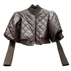 Versatile Bubble Sleeves Knitted Leather Jacket
