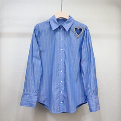 Striped Love Hollow Diamond Long Sleeve Shirt