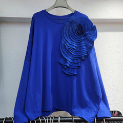 Pleated 3D Flower Loose Casual Round Neck Top