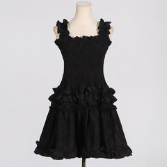 Solid Pleated Wood Ear Short Dress