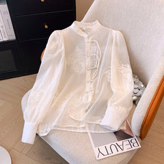 Casual Solid Embroidered Disc-Button Chiffon Shirt