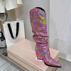 Pleated Chunky Heels Knee High Boots