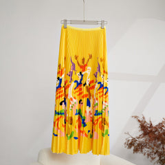 Retro Printed Pleated Slim Top Elastic Waist Set