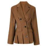 Brown Panelled Double Breasted Pleated Blazer