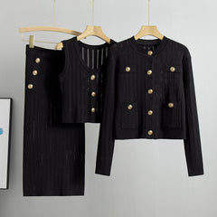 Solid Pleated Cardigan Vest Skirt Knitted Set