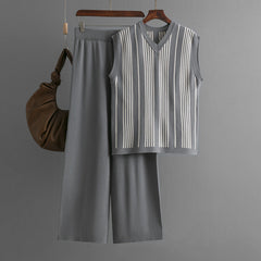 Striped V-Neck Vest Wide Leg Pants Knitted Set
