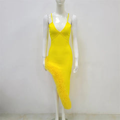 Yellow Thin-Strap Bandage Ruffled Dress