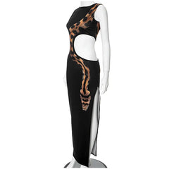 Waist Hollow Python Print Slim Fit Split Maxi Dress