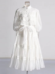 Solid Embroidery High Waist Spliced Lace Up Dress