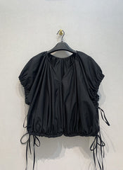 Solid V-Neck Drawstring Pleated Top