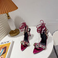 Straight Line Strap Rhinestone Stiletto Sandals