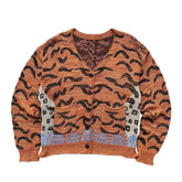 Vintage Knitted Leopard Printed V-Neck Cardigans Sweater