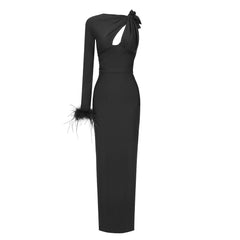 Hollow Out Single Shoulder Feather Maxi Dress
