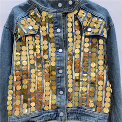 Sequin Spliced Stand Collar Denim Jacket