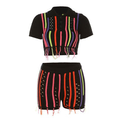 Sweet Knitted Embroidered Tassel Cropped Top + Shorts Set