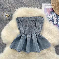 Elastic Denim Ruffle Tube Top