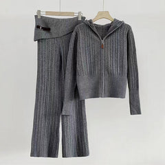 Hooded Knit Zip Up Cardigan + Knit Pants Set