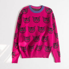 Jacquard Cute Cat Round Neck Knitted Sweater