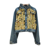 Sequin Spliced Stand Collar Denim Jacket