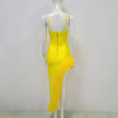 Yellow Thin-Strap Bandage Ruffled Dress