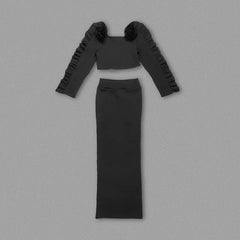 Pre Order: Black High Shoulder 3D Flower Lace Top + Skirt Set