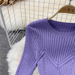 Round Neck Tight Elastic Pleated Knitted Dress