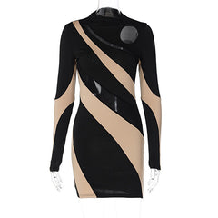 Round Neck Long Sleeve Mesh Stitching Bodycon Dress