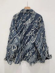 Patchwork Washed Burrs Tassel Long Sleeve Jacket
