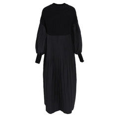 Solid Pleated Diamond Plaid Patchwork Sweater Dress