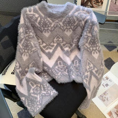 Vintage Jacquard Faux Mink Loose Knit Sweater