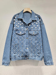Sequins Pearls Plaid Rhinestone Denim Jacket